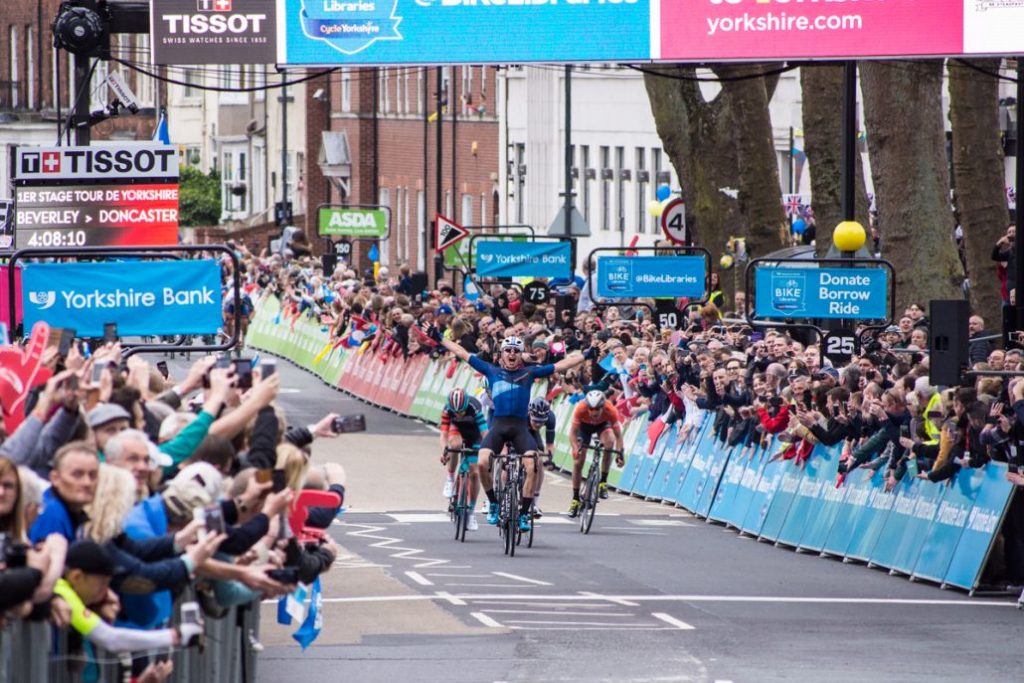 Harry Tanfield of team Canyon Eisberg crossing the finish line, Tour de Yorkshire