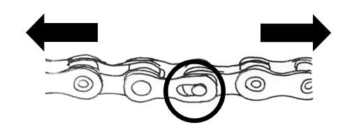 Fixing a broken bicycle chain Figure e. The quick-link is connected. Arrows demonstrate pulling the parts of the chain away from each other to secure this. 