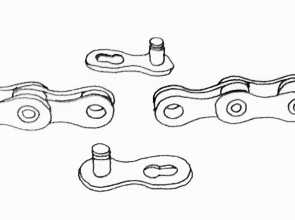 Fixing a broken bicycle chain. Figure d. Step one. All the parts of the quick-link lie separately before being assembled. 