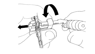 Fixing a broken bicycle chain, figure a. Push out the pin with the chain tool.