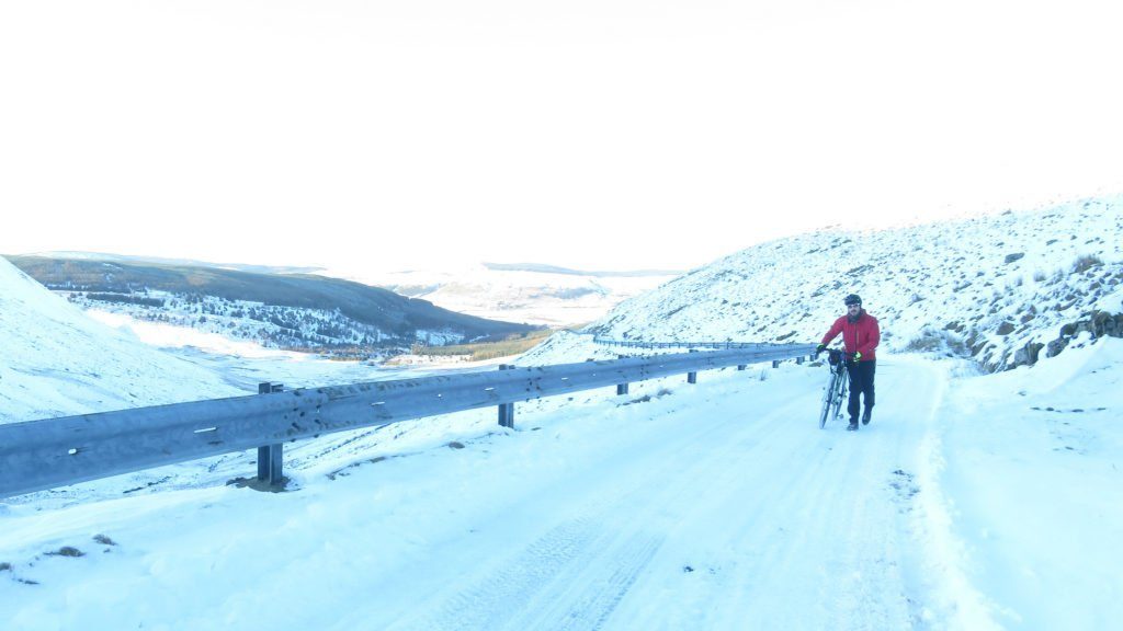 Bicycle touring cycling in Scotland snowy-road-Bikepacking scotland