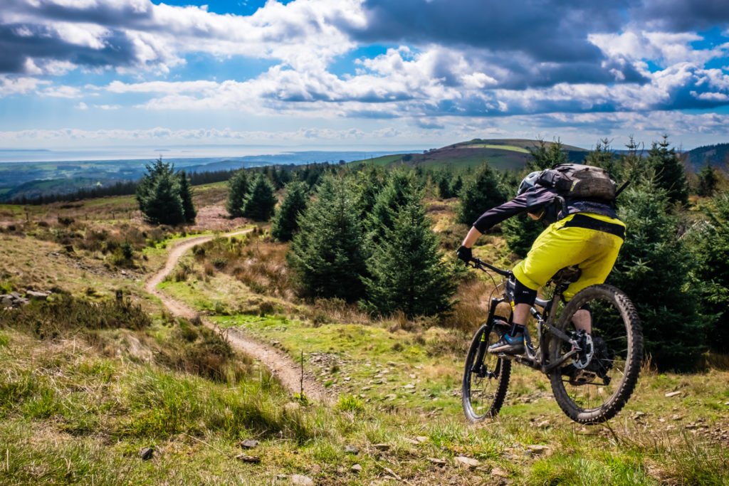 mountain biking in Wales, trail riding, cloudy sky