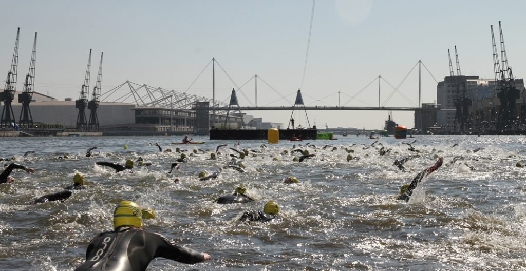 London Royal docks, group of swimmers