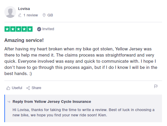 Trust pilot review for yellow jersey cycle insurance