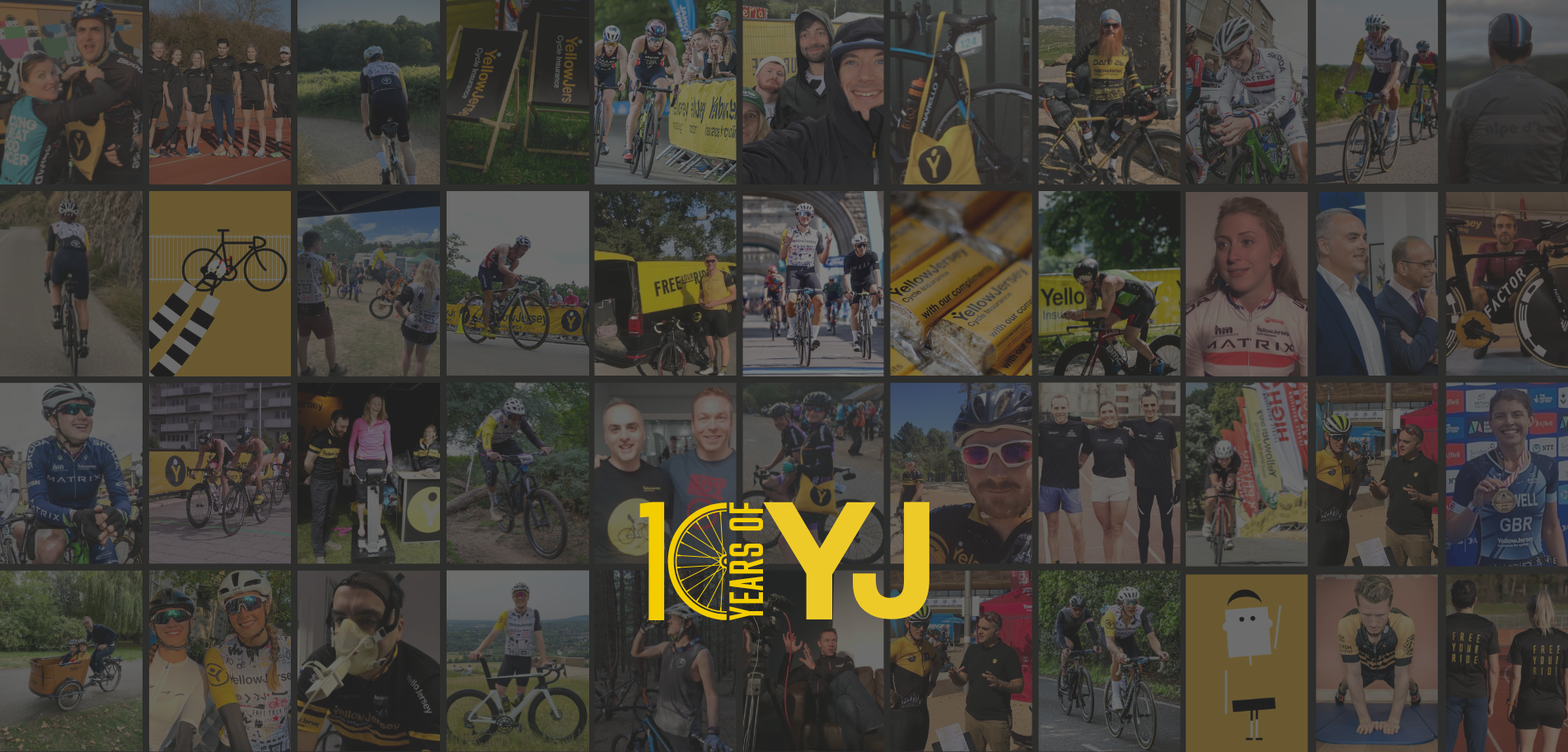 Bicycle insurance - 10 years of Yellow Jersey insurance. Photo collage shows dozens of pictures of the Yellow Jersey team attending 10 years of events, races, trade shows and similar. A special 