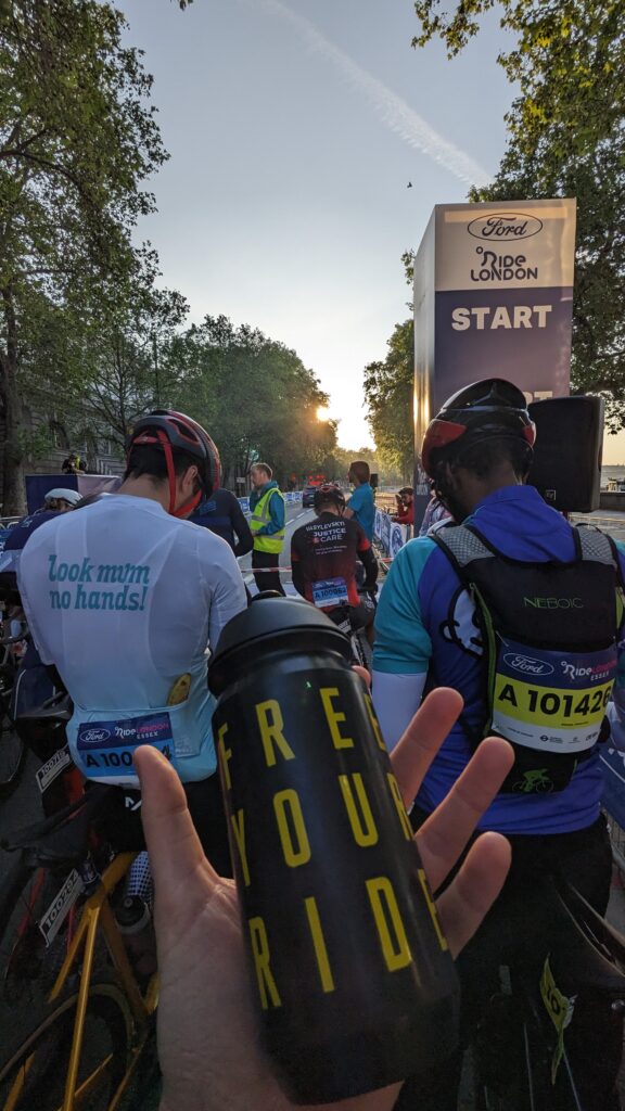 a cyclist water bottle at the start of a cycle event