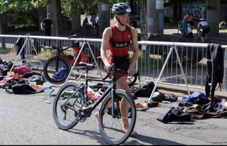 Triathlete entering the transition zone