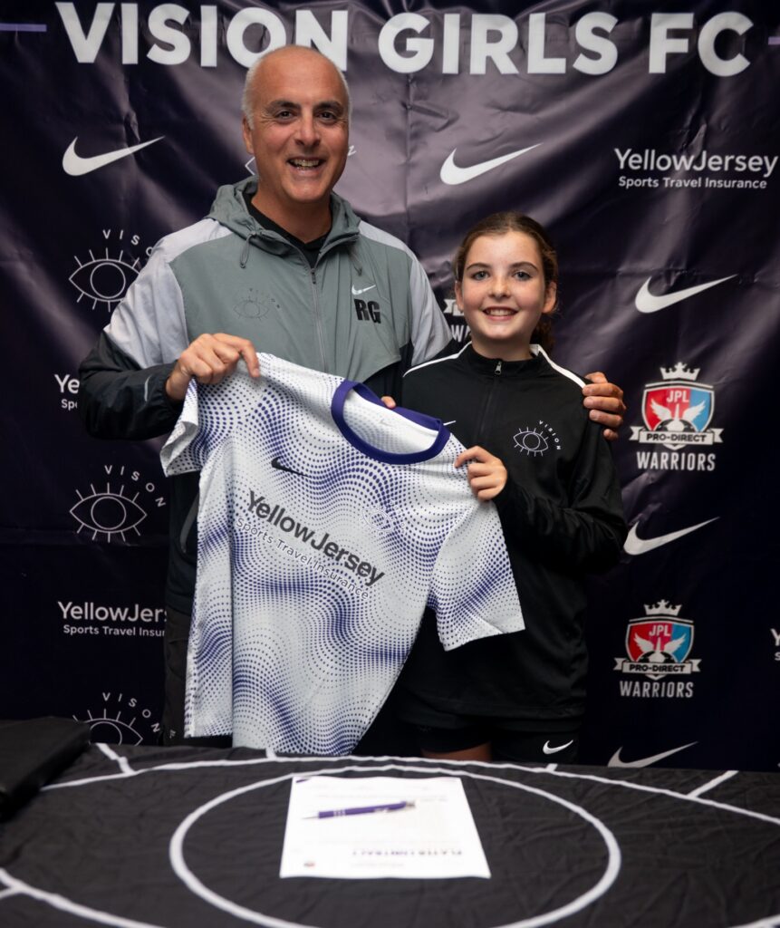 Vision Girls FC away football shirt featuring Yellow Jersey sponsorship